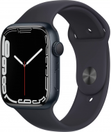 Apple Watch Series 7, 45 мм, корпус из алюминия цвета «тёмная ночь», спортивный ремешок «тёмная ночь» (MKN53)