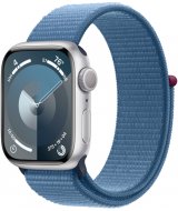 Apple Watch Series 9, 45 мм, корпус из алюминия серебристого цвета, спортивный ремешок цвета «ледяной синий»