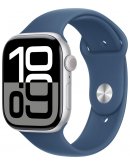 Apple Watch Series 10, 46 мм, корпус из алюминия серебристого цвета, спортивный ремешок цвета «синий деним» M/L
